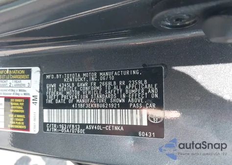 2011 Toyota Camry Le from USA, damaged, VIN 4T1BF3EKXBU621921